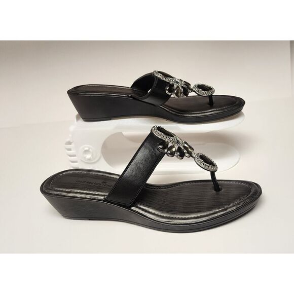 Montego Bay Club T Strap Black Heel Wedge Sandals Shoes Size US 7 - Picture 2 of 10